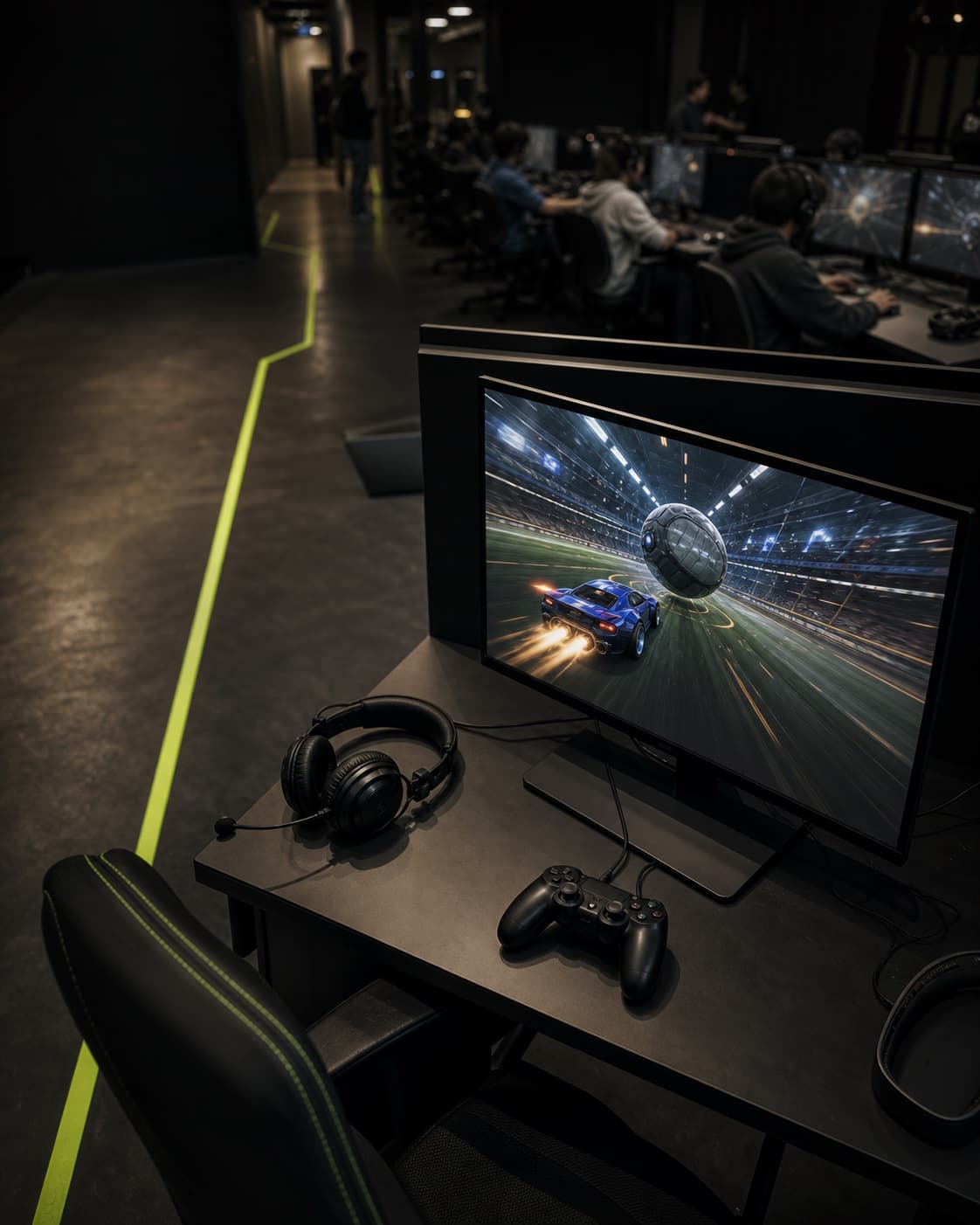 Rocket League の対戦映像が映るモニターとコントローラーが並ぶ大会会場